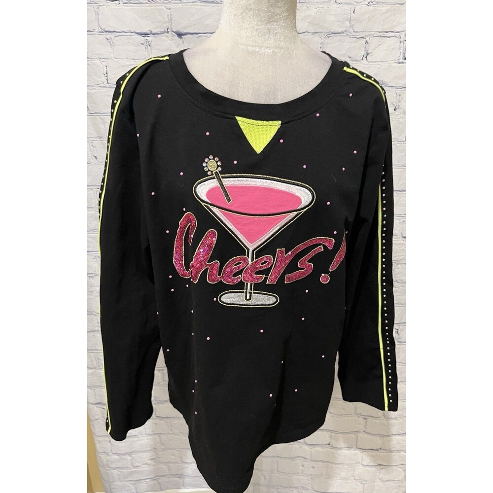 TALK OF THE WALK Sequin And Rhinestone Cheers Long Sleeve Top Size Large